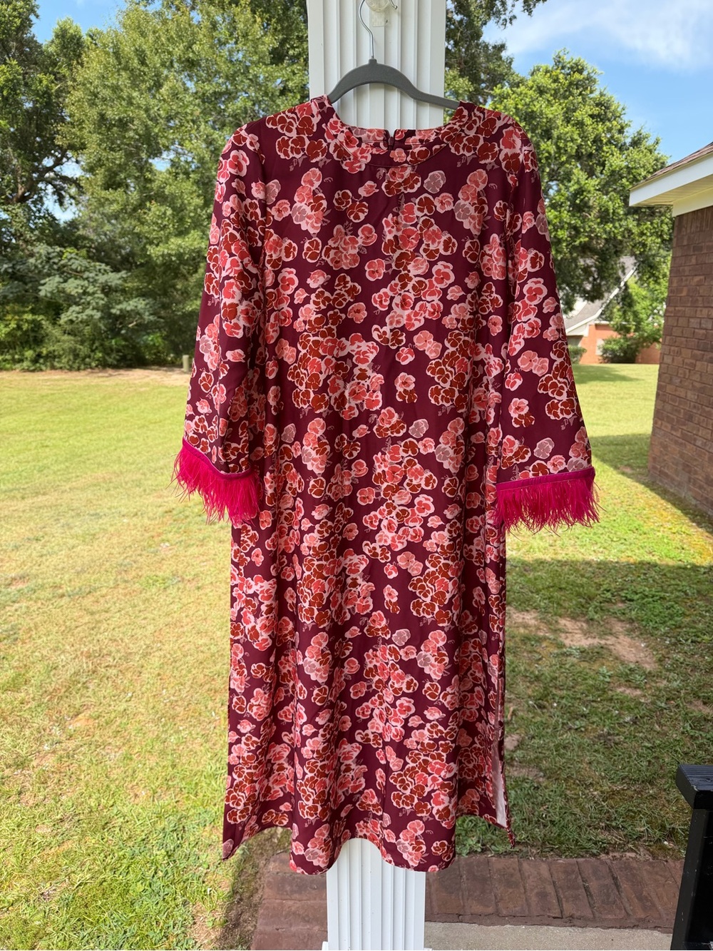 Tuckernuck Maroon Floral Shift Dress with Pink Feather Cuffs